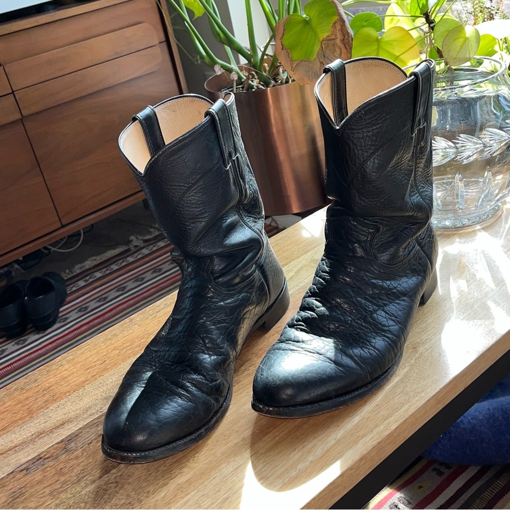 vintage justin bull hide western cowboy roper boots - black leather - men's 12 D